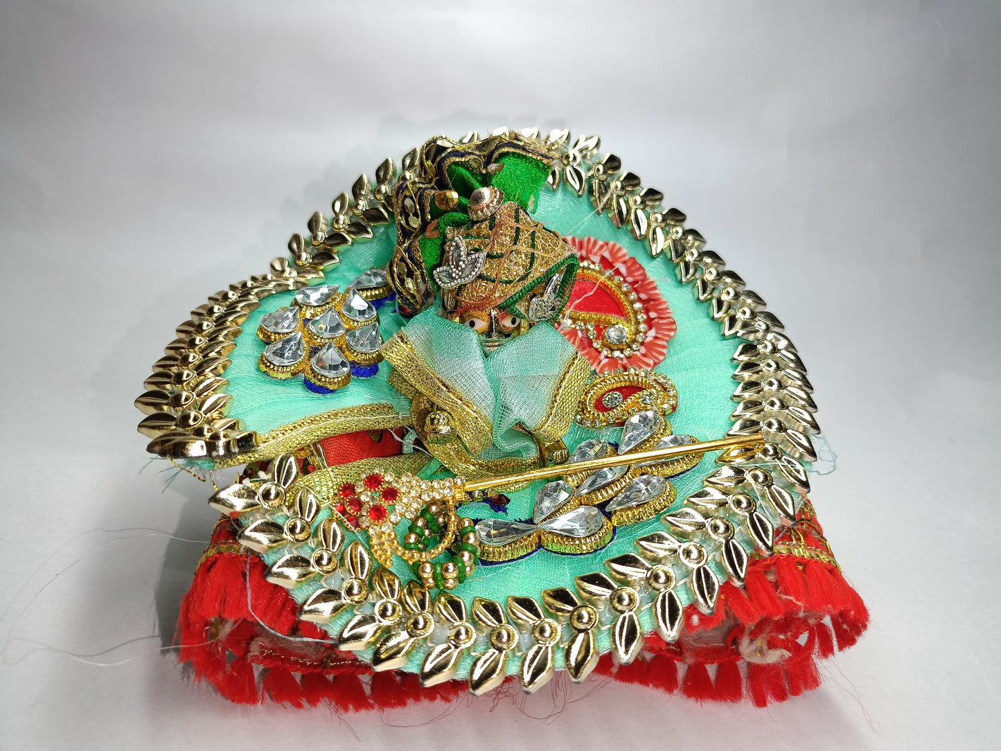 💚👑 Laddu Gopal Ji Designer Shringar Dress | Sea Green Stone Work | Mukut & Bansuri Set  💫🎐