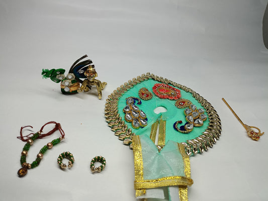 💚👑 Laddu Gopal Ji Designer Shringar Dress | Sea Green Stone Work | Mukut & Bansuri Set  💫🎐